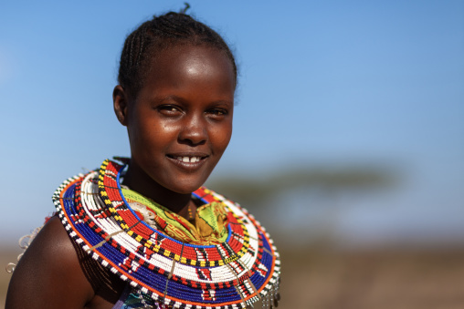 Portrait of a Samburu tribe woman with beaded necklaces, Samburu County, Maralal, Kenya