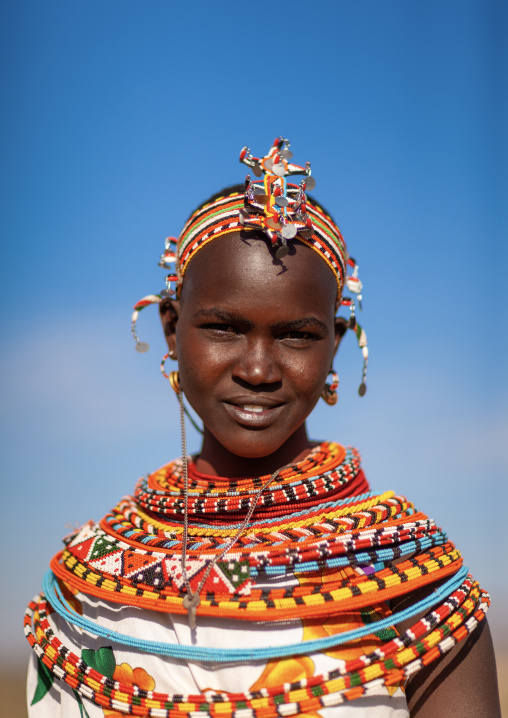 Portrait of a Samburu tribe woman with beaded necklaces, Samburu County, Maralal, Kenya