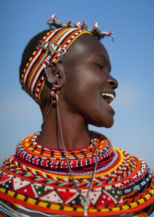 Laughing samburu woman with traditional jewellry, Samburu county, Samburu national reserve, Kenya