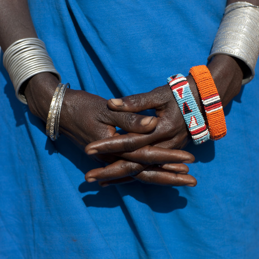 Samburu tribe woman hands with beaded bracelets, Samburu County, Maralal, Kenya