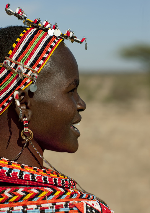 Portrait of a Samburu tribe woman with a beaded headwear, Samburu County, Maralal, Kenya