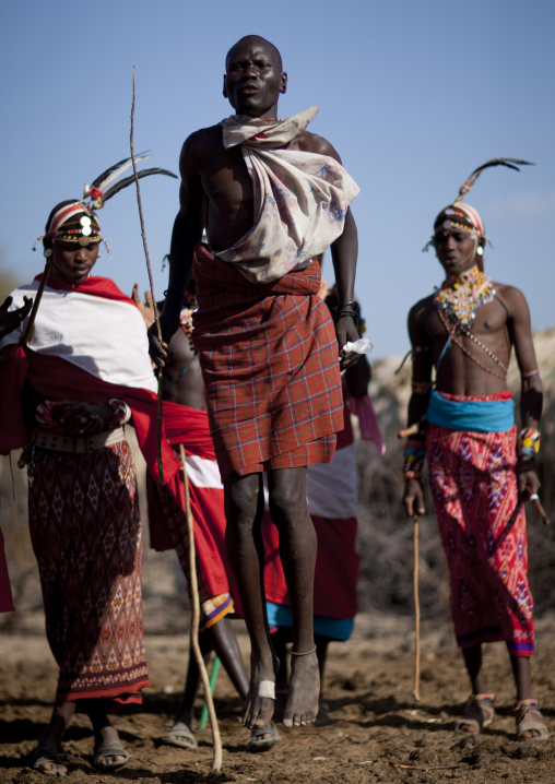 Samburu tribe warriors jumping, Samburu county, Samburu national reserve, Kenya