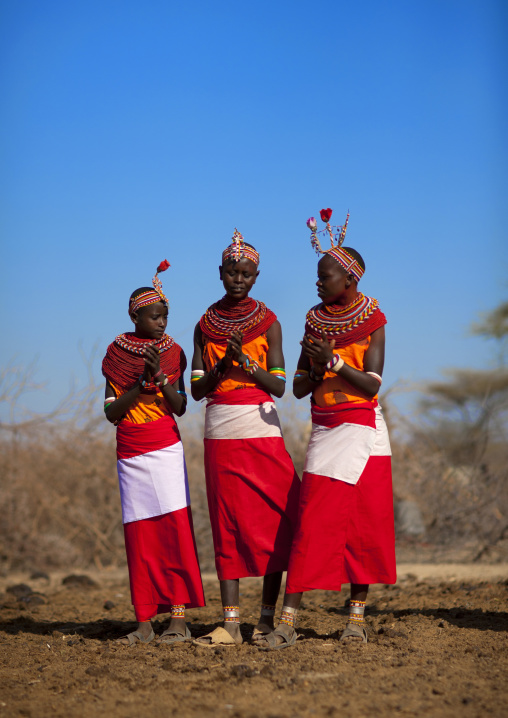 Samburu tribe teenagers with traditional jewellry, Samburu county, Samburu national reserve, Kenya