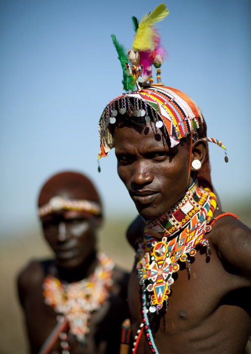 Portrait of Samburu tribe warriors with beaded headwears, Samburu County, Maralal, Kenya