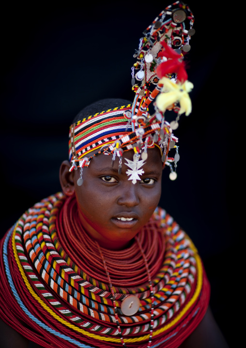 Portrait of a young Samburu tribe woman with beaded necklaces, Samburu County, Maralal, Kenya
