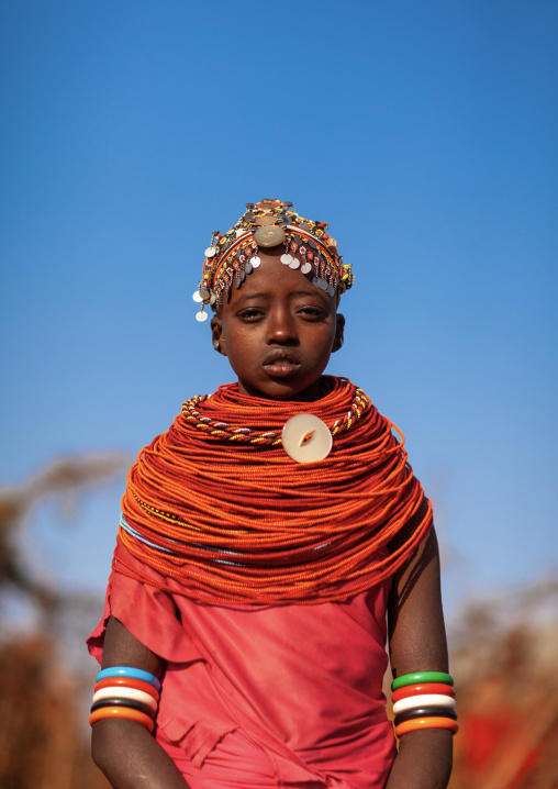 Portait of a Rendille tribe girl with a beaded headwear, Marsabit County, Marsabit, Kenya
