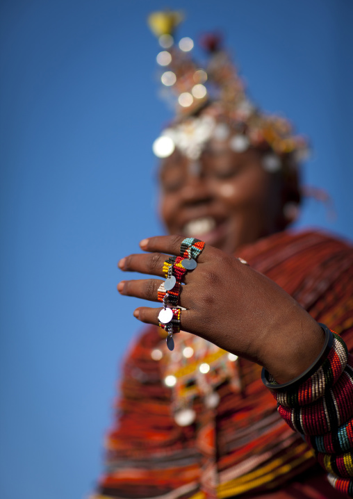 Rendille tribeswoman showing her rings, Marsabit district, Ngurunit, Kenya