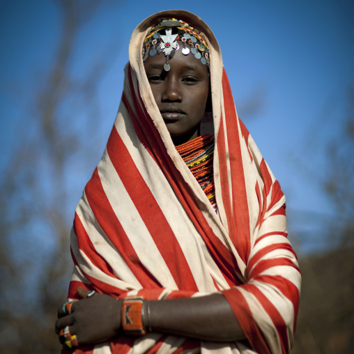 Portait of a young Rendille tribe woman with a scarf on the head, Marsabit County, Marsabit, Kenya