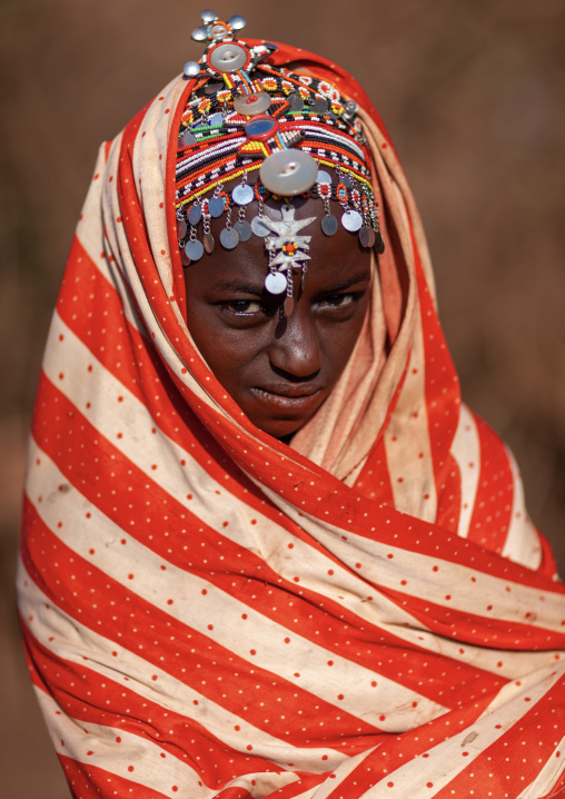Portait of a Rendille tribe girl with a scarf on the head, Marsabit County, Marsabit, Kenya