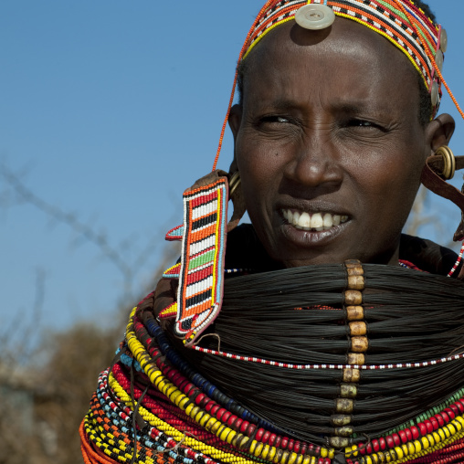 Rendille tribe woman with mpooro Engorio necklace, Marsabit County, Marsabit, Kenya