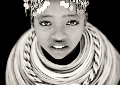 Portrait of a Rendille tribe young woman with beaded necklaces, Marsabit County, Marsabit, Kenya