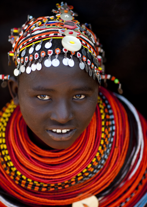 Portrait of a Rendille tribe young woman with beaded neckalces, Marsabit County, Marsabit, Kenya