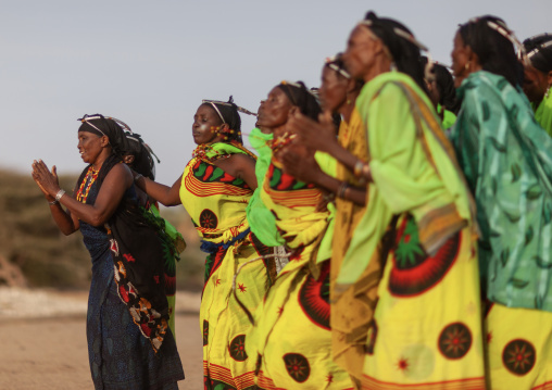 Gabra tribe women dancing in line, Marsabit County, Chalbi Desert, Kenya