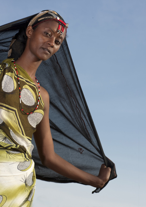 Portrait of a Gabra tribe woman with a veil, Marsabit County, Chalbi Desert, Kenya