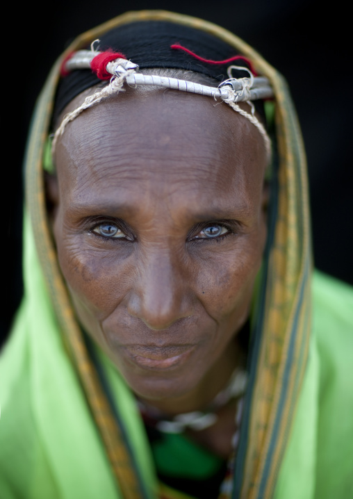 Portrait of a Gabra tribe woman wearing the traditional headwear, Marsabit County, Chalbi Desert, Kenya