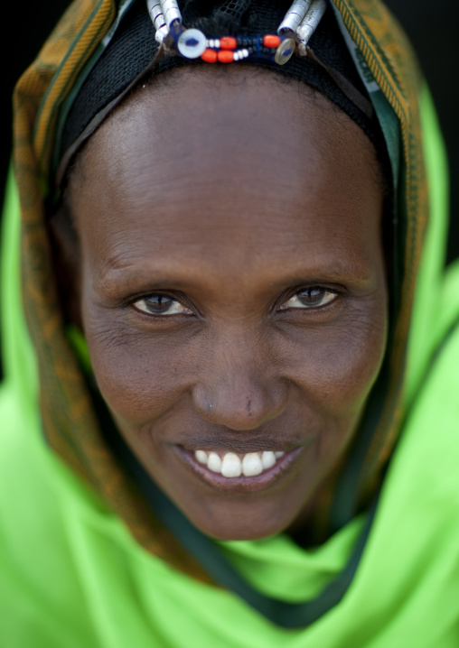 Portrait of a Gabra tribe woman wearing the traditional headwear, Marsabit County, Chalbi Desert, Kenya