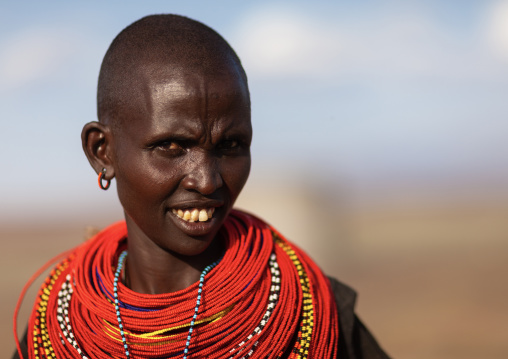 Portrait of an El Molo tribe woman with big necklaces, Rift Valley Province, Turkana lake, Kenya