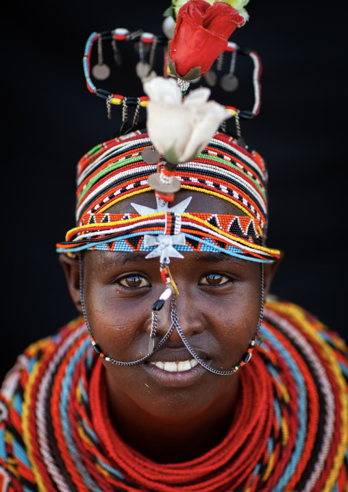 Portrait of a Rendille tribe woman with necklaces and headwear, Rift Valley Province, Turkana lake, Kenya