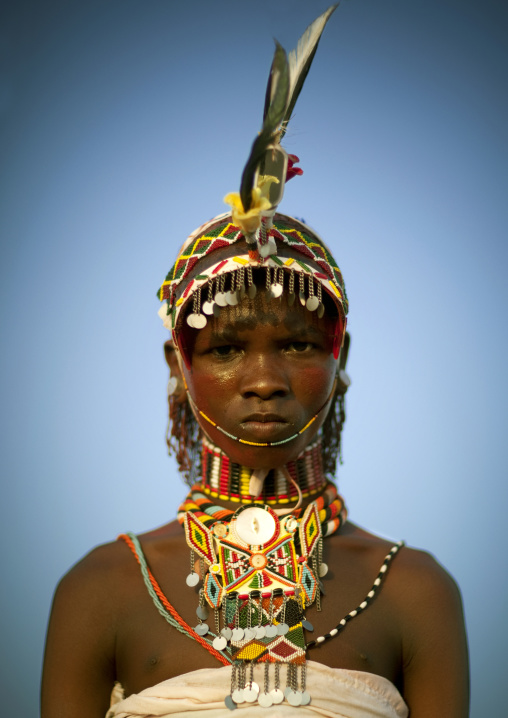 Portrait of a Rendille tribe moran with a headwear, Rift Valley Province, Turkana lake, Kenya
