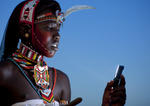 Portrait of a Rendille tribe moran with a headwear, Rift Valley Province, Turkana lake, Kenya