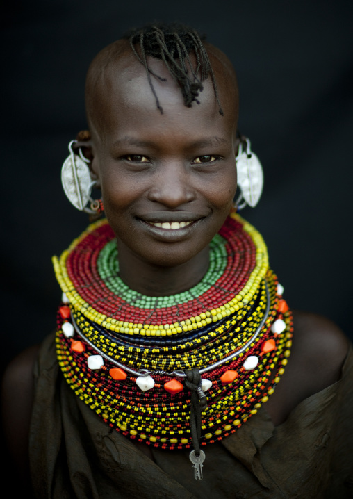 Turkana tribe woman with huge necklaces and earrings, Turkana lake, Loiyangalani, Kenya