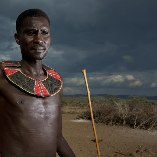 Portrait of a Pokot tribe man with a beaded necklace, Baringo County, Baringo, Kenya