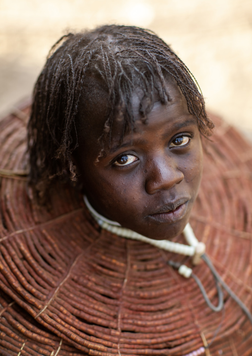 Portrait of a Pokot tribe girl wearing a big necklace, Baringo County, Baringo, Kenya
