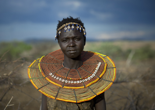 Portrait of a Pokot tribe woman with huge necklace, Baringo County, Baringo, Kenya