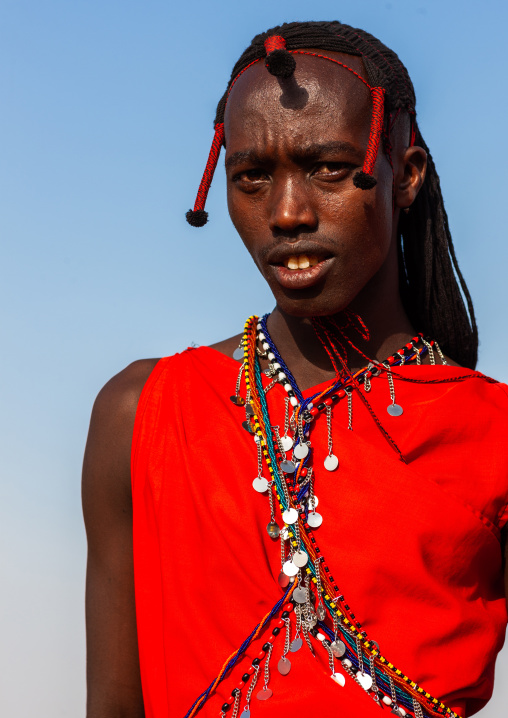 Portrait of a Maasai tribe man, Rift Valley Province, Maasai Mara, Kenya
