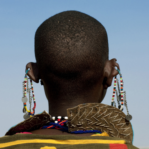 Rear view of a Maasai woman with earrings, Rift Valley Province, Maasai Mara, Kenya