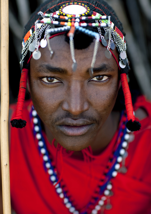 Portrait of a Maasai tribe man with a beaded headwear, Rift Valley Province, Maasai Mara, Kenya