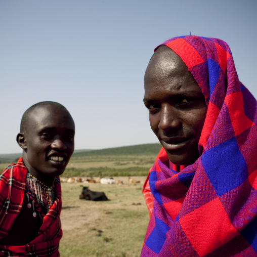 Maasai tribe men portrait wearing traditional clothing, Rift Valley Province, Maasai Mara, Kenya