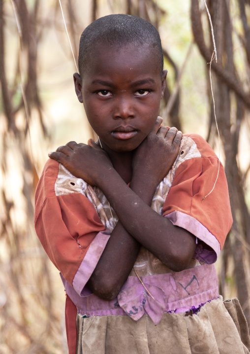 Tharaka tribe girl with arms crossed on the chest, Laikipia County, Mount Kenya, Kenya