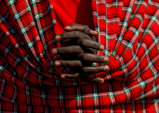 Maasai tribe man hands crossed, Rift Valley Province, Maasai Mara, Kenya
