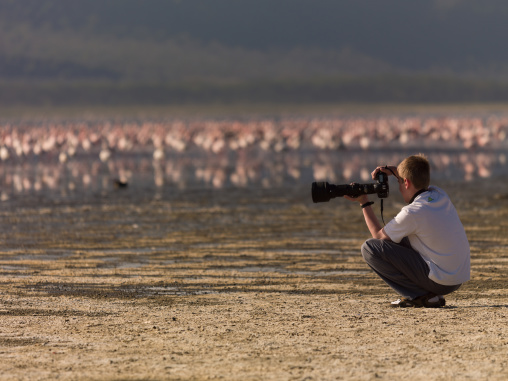 Western tourist taking pictures of flamingos, Nakuru County, Nakuru, Kenya