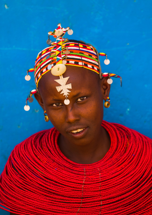 Portrait of a Samburu tribe woman with beaded necklaces, Samburu County, Maralal, Kenya
