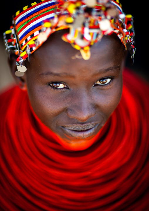 Portrait of a young Samburu tribe woman with beaded necklaces, Samburu County, Maralal, Kenya