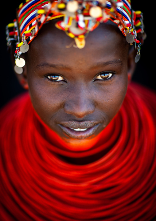 Portrait of a young Samburu tribe woman with beaded necklaces, Samburu County, Maralal, Kenya
