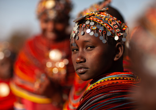 Portait of a Rendille tribe girl with a beaded headwear, Marsabit County, Marsabit, Kenya