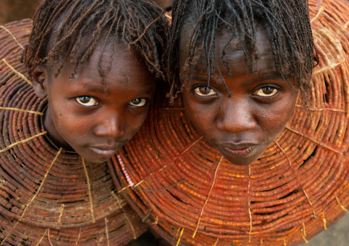 Portrait of Pokot tribe girls with huge necklaces, Baringo County, Baringo, Kenya