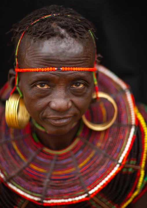 Portrait of a Pokot tribe woman with huge necklaces and earrings, Baringo County, Baringo, Kenya