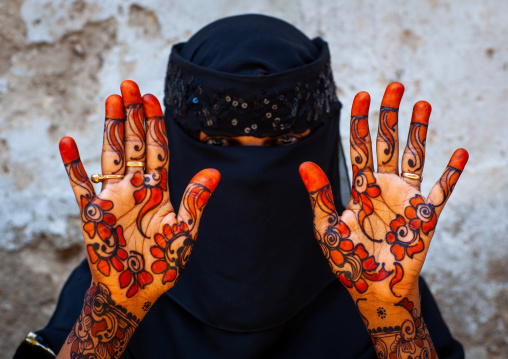 Muslim woman with henna on the hands and arms, Lamu County, Lamu, Kenya