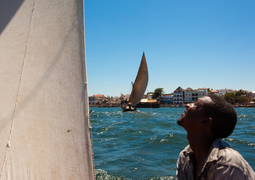 Man looking at the sail of his dhow while racing, Lamu County, Lamu, Kenya