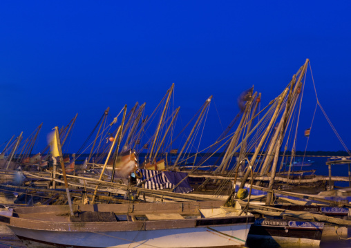 Dhows standing in the port by night, Lamu County, Lamu, Kenya