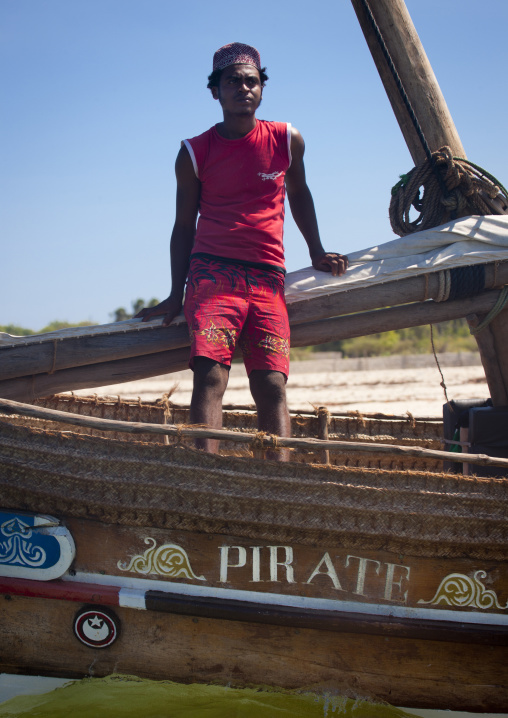 Kenyan sailor on a dhow called pirate, Lamu County, Lamu, Kenya