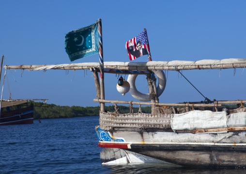 Dhow with american flag with Obama, Lamu County, Lamu, Kenya
