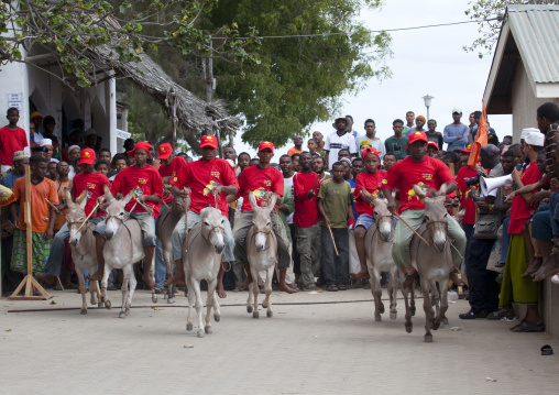 Donkey race in town during Maulid festival, Lamu County, Lamu, Kenya
