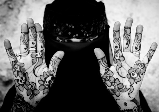 Muslim woman with henna on the hands and arms, Lamu County, Lamu, Kenya