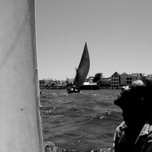 Man looking at the sail of his dhow while racing, Lamu County, Lamu, Kenya