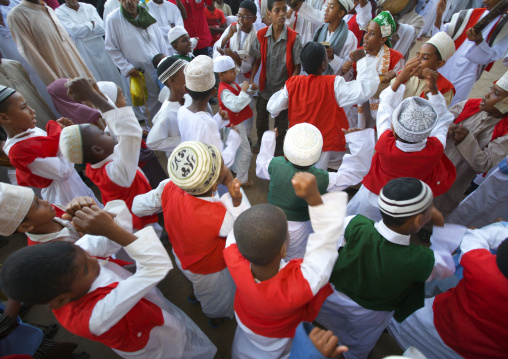 Muslim men celebrating the Maulid festival, Lamu County, Lamu, Kenya